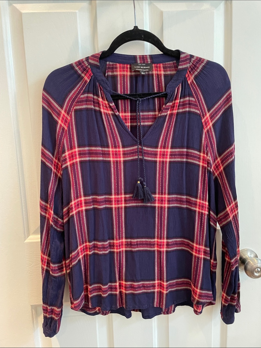 Lucky Brand Navy Plaid Tassel V-Neck Blouse with Subtle Sparkle Threads Size L